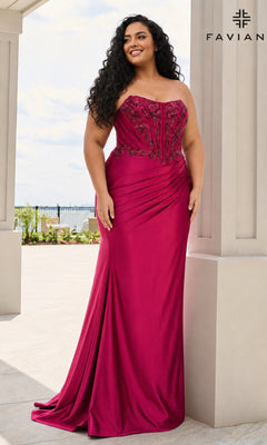 A plus-size person wears a Long Plus-Size Prom Dress: Faviana 11606E, a strapless, floor-length cherry red beaded corset dress with intricate embroidery and a draped skirt.