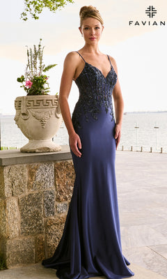 A floor-length navy blue Long Prom Dress: Faviana 11608 featuring a V-neckline, spaghetti straps, and a beaded corset bodice.