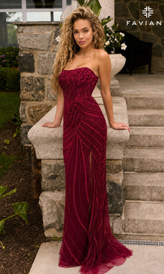 Faviana 11615 cherry-colored, strapless beaded prom dress with a floor-length silhouette, vertical beaded patterns, and a thigh-high slit.