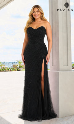 A black Long Plus-Size Prom Dress: Faviana 11616E featuring a sweetheart neckline, beaded diagonal detailing, and a high leg slit.