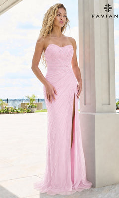 A woman wearing the light pink Faviana 11616 long prom dress, featuring a strapless sweetheart neckline, vertical beaded patterns, and a high side slit.