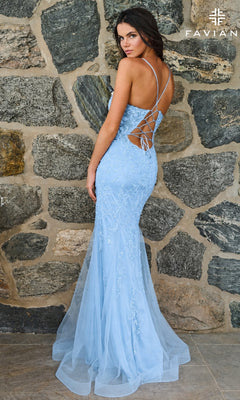 Faviana 11624 cloud blue sleeveless, floor-length prom dress featuring a lace-up back, a lace bodice, and a flared tulle skirt.