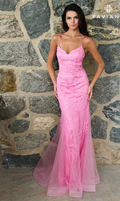 Faviana 11624 cotton candy pink floor-length mermaid prom dress with a sweetheart neckline, spaghetti straps, and an embroidered lace overlay.
