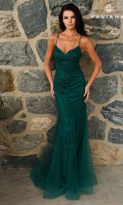 Faviana 11624 dark hunter green floor-length mermaid prom dress with a sweetheart neckline, spaghetti straps, and beaded lace appliques.