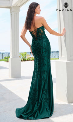 Faviana 11625 dark hunter green strapless corset prom dress with a floor-length silhouette, lace-up back, and intricate embroidery.