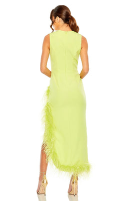 Woman wearing the Mac Duggal 11626 Feather Midi Wedding-Guest Dress, a sleeveless light green feather-trimmed party dress with a midi hem, paired with gold high-heeled sandals, facing away from the camera.
