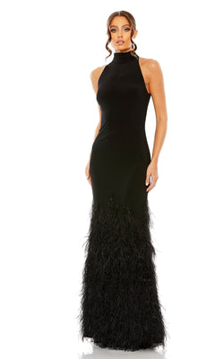 High-Neck Long Black Formal Dress with Feathers– PromGirl