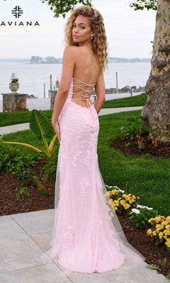 Faviana 11627 light pink strapless column prom dress with a lace-up back and floral lace appliques.