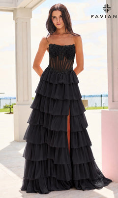 Faviana 11629 long prom dress in black, featuring a corset bodice, tiered chiffon skirt, and a floor-length silhouette with a high leg slit.