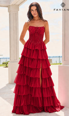 Faviana 11629 red strapless floor-length corset bodice gown featuring beaded embroidery and a tiered prom dress skirt with a side slit.
