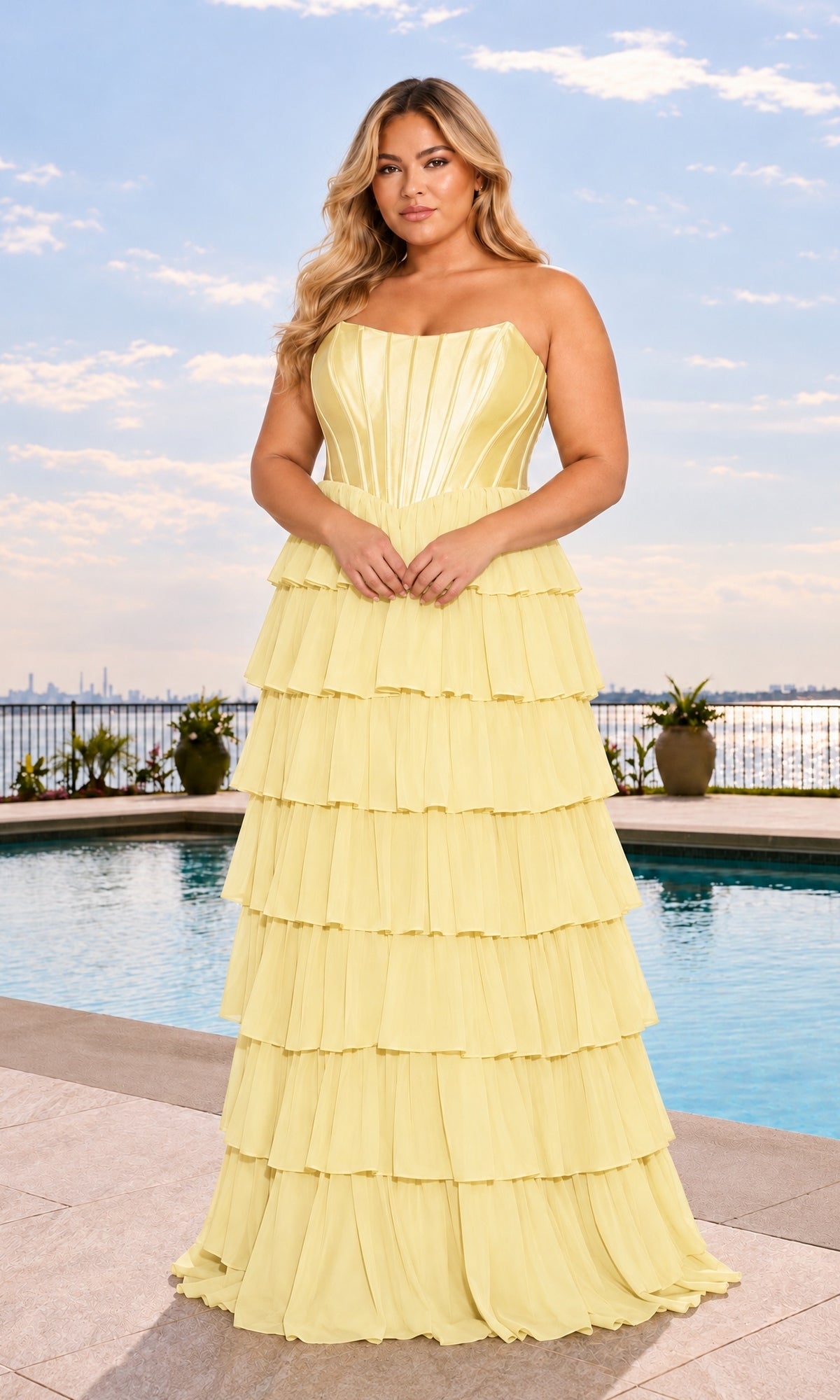 A plus-size person wears a light yellow Faviana 11631E Long Plus-Size Prom Dress, featuring a strapless corset bodice and a tiered, ruffled floor-length skirt.
