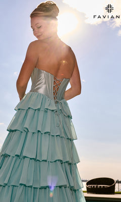 Faviana 11631 light blue strapless tiered prom dress featuring a satin corset bodice with a lace-up back.