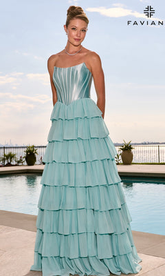 Long Prom Dress: Faviana 11631 in sea glass, a strapless gown featuring a structured corset bodice and a multi-tiered ruffled skirt.