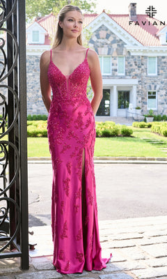Long Prom Dress: Faviana 11637 is a floor-length, fuchsia gown with beaded embellishments, a plunging V-neckline, and a high leg slit.