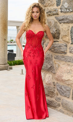Faviana 11639 is a floor-length, strapless red mermaid gown featuring a corset bodice and beaded floral appliques.