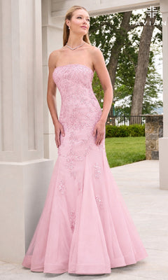 Light pink Faviana 11643 strapless mermaid evening gown with intricate beaded lace appliqué detailing on the bodice and skirt.