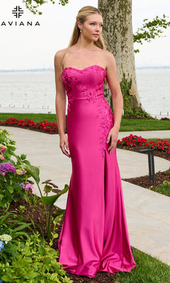 Long Prom Dress: Faviana 11647, a strapless, floor-length fuchsia gown featuring a side slit and floral embroidery on the bodice.