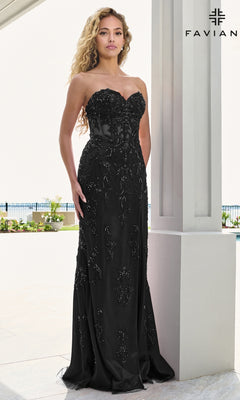Faviana 11654 long prom dress featuring a strapless, black, floor-length gown with a sweetheart neckline and intricate beaded lace appliques.