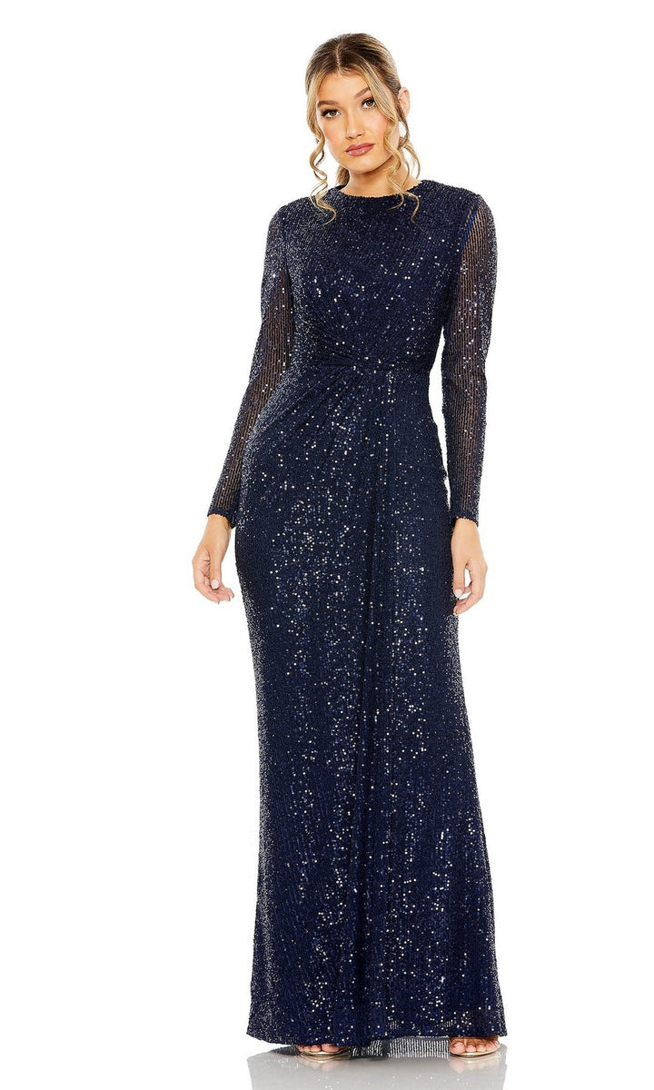 Green Sequined Long Sleeve Side Knot Gown