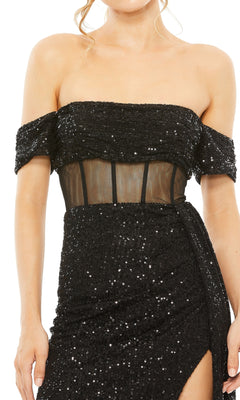 Woman wearing the Long Formal Dress 11665 by Mac Duggal, featuring an off-the-shoulder sequin design with a sheer mesh midsection and thigh-high slit—perfect for any formal occasion.