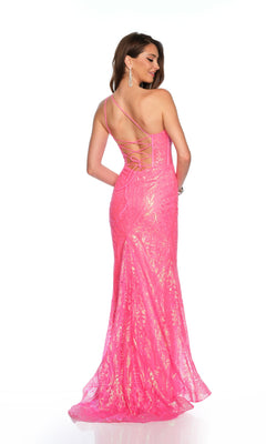 A woman models the Dave & Johnny Long Prom Dress 11668 in hot pink, featuring floor-length and backless lace-up details, as she stands turned slightly away from the camera.