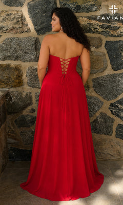 Back view of a red strapless chiffon corset gown, the Long Plus-Size Prom Dress: Faviana 11672E, featuring a lace-up back.