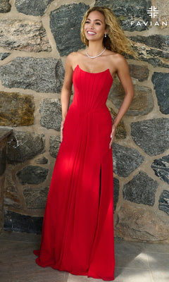 A woman wearing a Faviana 11672 long prom dress in red, featuring a strapless, floor-length corset bodice and a high leg slit.
