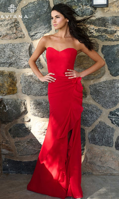 Long Prom Dress: Faviana 11673, a floor-length, strapless red gown with a sweetheart neckline, a side ruffle detail, and a high leg slit.