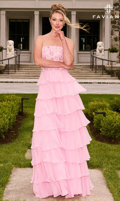 Long Prom Dress: Faviana 11675 in light pink, featuring a strapless beaded bodice and a floor-length tiered ruffle skirt.