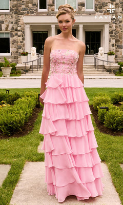 Long Prom Dress: Faviana 11675, a floor-length, strapless pink gown featuring a sequined bodice and a tiered, ruffled skirt.