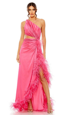 A woman stands against a white background wearing the Mac Duggal 11689 Feather Long Neon Formal Dress—one-shoulder, bright pink, with feather trim and a thigh-high slit.