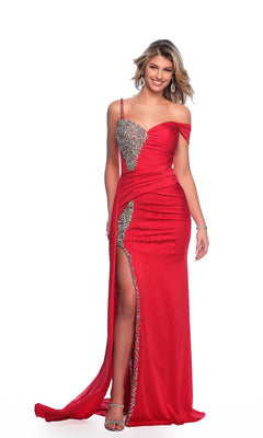 A woman poses against a white background wearing the Dave & Johnny 11728 Long Red Prom Dress featuring an asymmetrical neckline, silver embellishments, and a thigh-high slit.