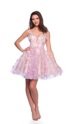 A woman stands smiling against a white background, wearing the Dave and Johnny Short Purple Hoco Dress 11751—a short, sleeveless purple designer dress—paired with silver high-heeled sandals.