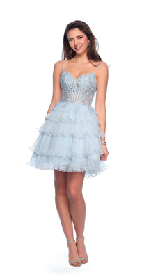 Woman smiling in the Dave and Johnny Short Blue A-Line Hoco Dress 11753, featuring a fitted bodice and ruffled party skirt, standing against a white background.