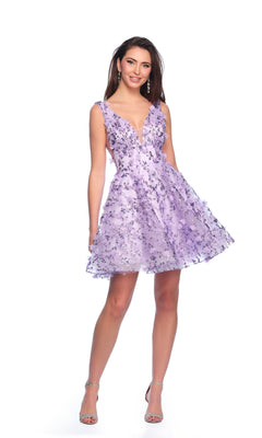 Woman smiles in the Dave and Johnny Short Purple Hoco Dress 11765, featuring a deep V-neck and sequin floral patterns, paired with silver high-heeled sandals against a white background.