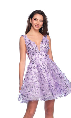 Smiling woman wears the Dave and Johnny Short Purple Hoco Dress 11765, a sleeveless dress with sequin floral patterns, posing against a white background.