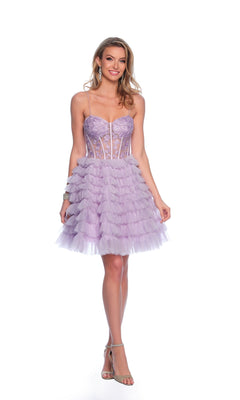 A woman stands smiling against a white background wearing the Dave and Johnny Ruffled Purple Hoco Dress 11766, which features a short ruffled skirt, corset-style bodice, and spaghetti straps.