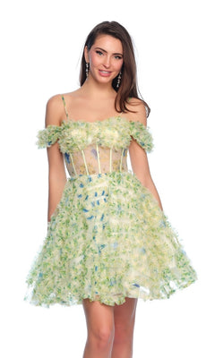 A woman faces forward wearing the Dave and Johnny Short Green Print Hoco Dress 11767, featuring yellow textured floral patterns and a sheer corset bodice.