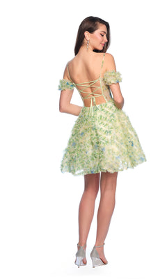 A woman stands in heels against a white background wearing the Dave and Johnny Short Green Print Hoco Dress 11767, featuring off-shoulder sleeves, a lace-up open back, and a floral print.