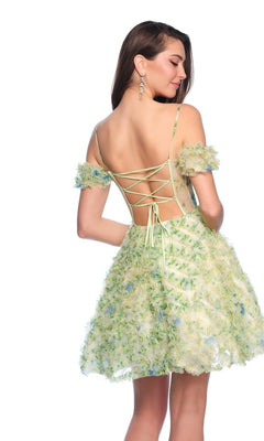 Model showcasing the Dave and Johnny Short Green Print Hoco Dress 11767 with a lace-up corset bodice, textured floral patterns, off-shoulder and open-back design, facing away and glancing over her shoulder.