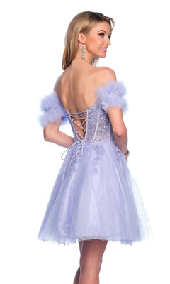 Off-the-Shoulder Short Homecoming Dress with Feathers PromGirl