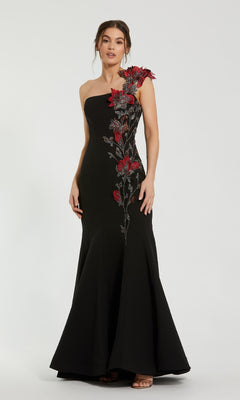 black dress red embroidery Mac Duggal - Black One Shoulder Embroidered Mermaid Gown