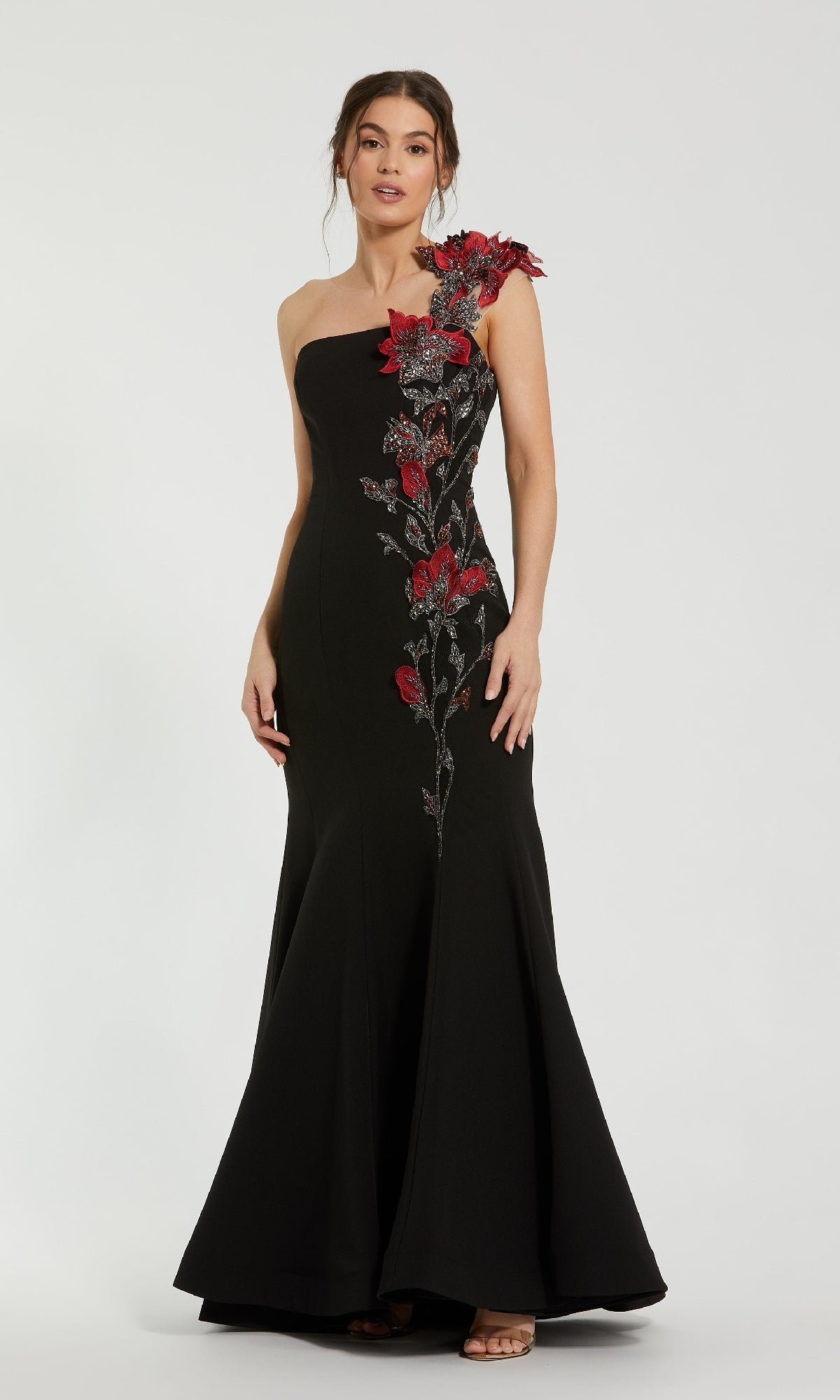 Mac Duggal - Black One Shoulder Embroidered Mermaid Gown - Black Multi / US 10 Mac Duggal - Black One Shoulder Embroidered Mermaid Gown - Black Multi / US 10