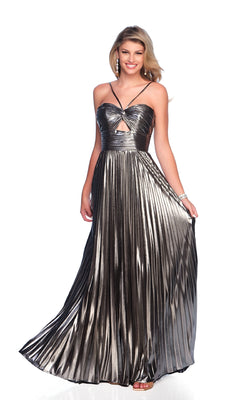 A woman smiles at the camera in the Dave & Johnny 11780 Pleated Silver Prom Dress, featuring a sleeveless design, metallic sheen, front cutout, and flowing skirt held to one side.