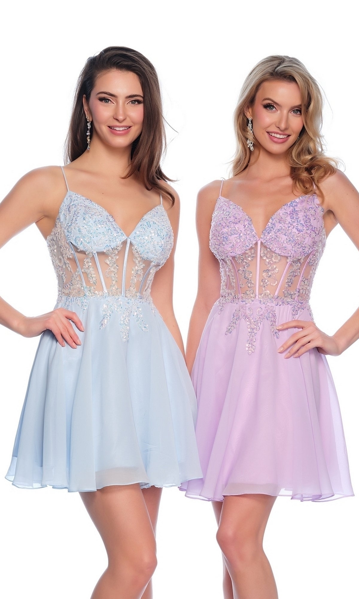 Two women stand side by side in Dave & Johnny Short Chiffon Hoco Dress 11789, pastel chiffon homecoming dresses with short, sleeveless designs and sheer corset-style bodices adorned in delicate floral lace.