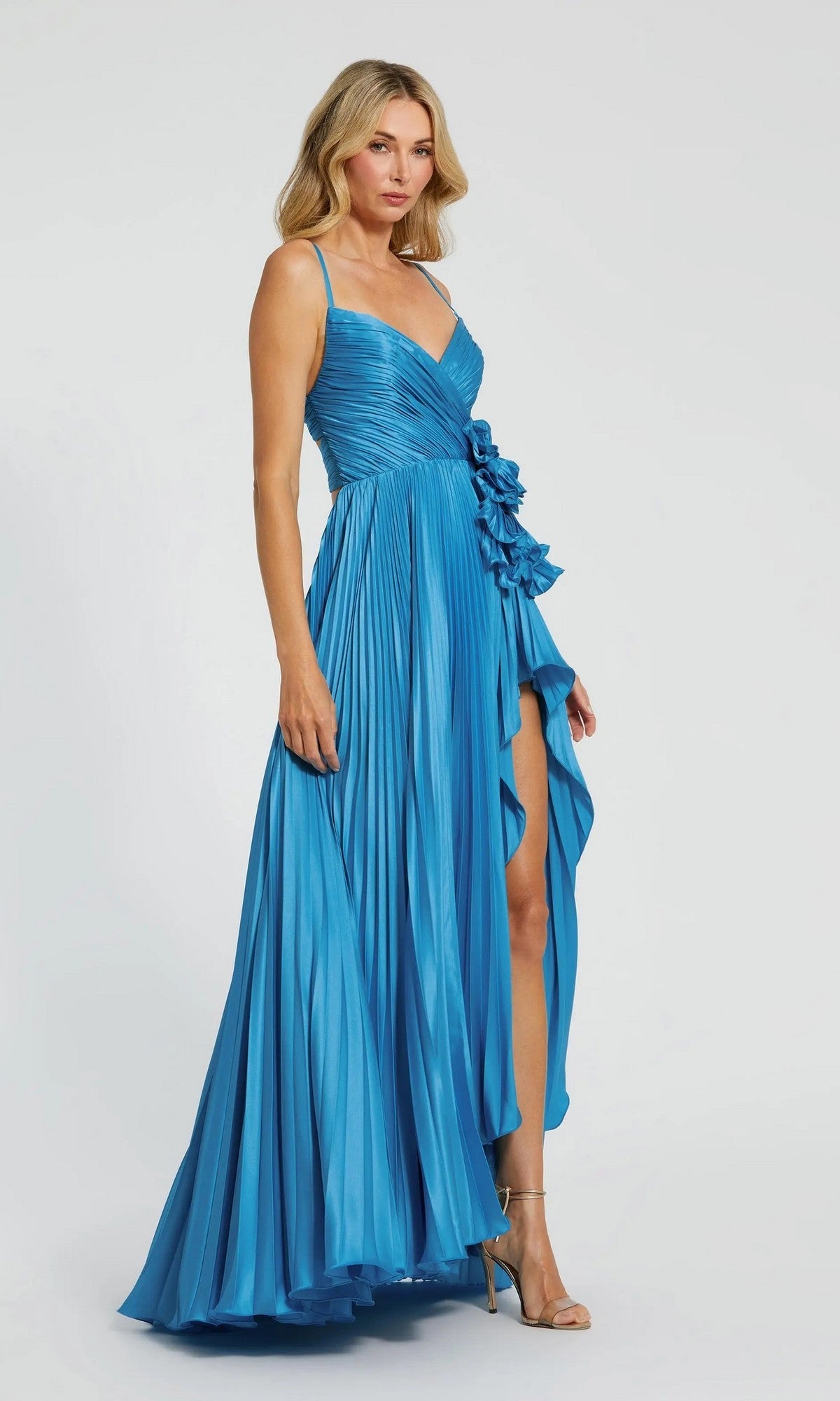 Blue Pleated High Low Rosette Gown