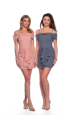Two women stand side by side in Dave & Johnny Front-Drape Short Hoco Dress 11807—one in blush pink, the other in slate blue—styled with strappy heels and jewelry against a white background.