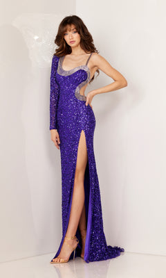 A woman stands against a white background in the One-Sleeve Long Sequin Prom Dress 1180, featuring a fitted silhouette, thigh-high slit, illusion neckline, and shimmering sequins for a stunning formal look.
