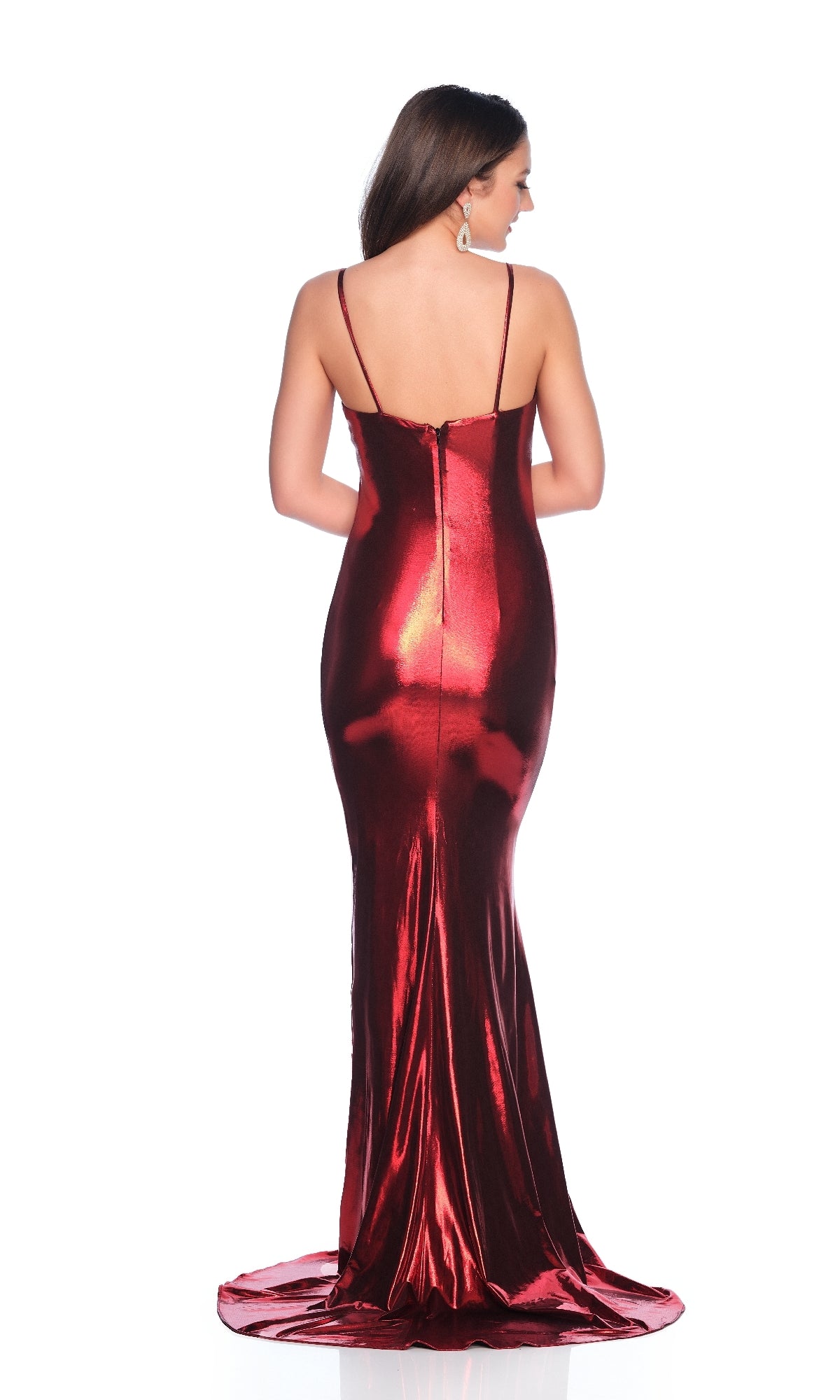 A woman in the Burgundy Red Prom Dress: Dave & Johnny 11813 with spaghetti straps stands facing away from the camera against a white background.