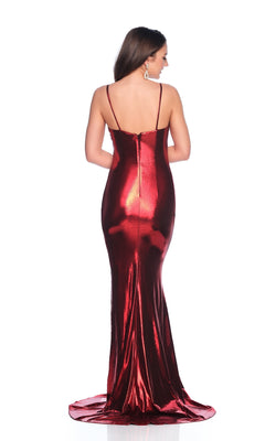 A woman in the Burgundy Red Prom Dress: Dave & Johnny 11813 with spaghetti straps stands facing away from the camera against a white background.